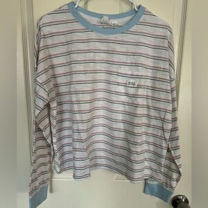 Roxy Striped Long Sleeve Crop Tee Blue Trim Pocket Size XL Casual Beachy